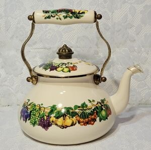 Vintage Kensington Garden Tea Kettle Fruit Garland Enamel Tabletops Unlimited